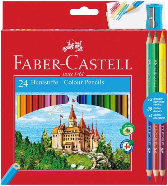 Карандаши цветные Faber-Castell, 24цв.+6, заточен., картон, европодвес, с точилкой