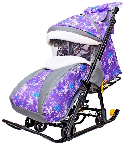 Санки-коляска Snow Galaxy Luxe Елки на фиолетовом на больших мягких колесах сумка муфта