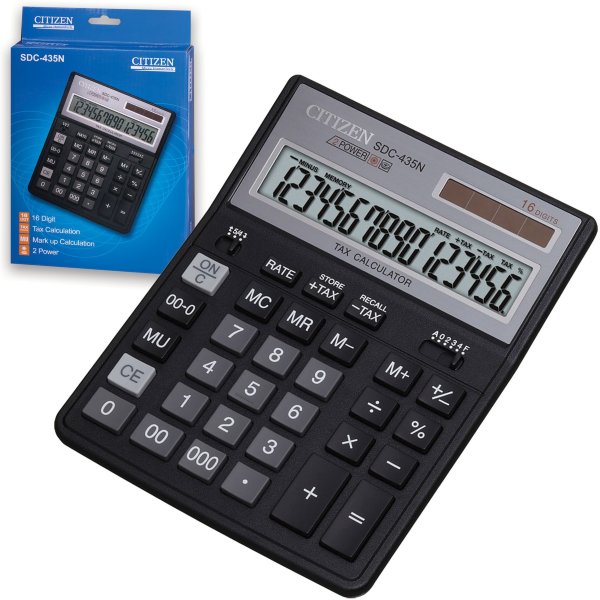 Калькулятор настольный CITIZEN SDC-435N (204х158 мм), 16 разрядов, двойное питание