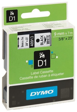 Картридж для принтеров этикеток DYMO D1, 9 мм х 7 м, лента пластиковая, чёрный шрифт, белый фон