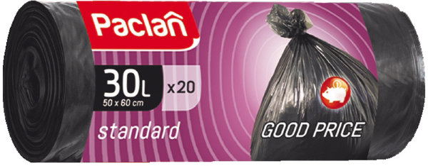 Мешки для мусора  30л Paclan "Standard" ПНД, 50*60см, 7,3мкм, 20шт., черные, в рулоне