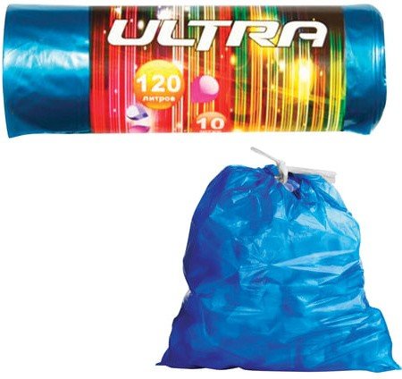 Мешки для мусора 120 л, с завязками, синие, в рулоне 10 шт., ПВД, 30 мкм, 70х110 см, КОНЦЕПЦИЯ БЫТА "Ultra"