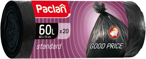 Мешки для мусора  60л Paclan "Standard" ПНД, 60*72см, 7,4 мкм, 20шт., черные, в рулоне