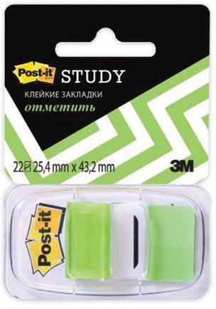 Закладки клейкие POST-IT Study, пластиковые, 25 мм, 22 шт., зеленые