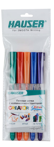 Набор: Гелевая ручка Hauser Creator Glitter Gel, чернила с блестками - 5шт, пакет