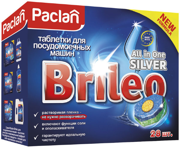 Таблетки для посудомоечной машины Paclan "Brileo. All in one Silver", 28шт.