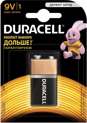 Батарейка DURACELL Basic, 6LR61 (КРОНА), Alkaline, 1 шт., в блистере, 9 В