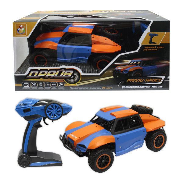 1toy Драйв, раллийная машина на р/у, 2,4GHz, 4WD, масштаб 1:18, скорость до 25км/ч, курковый пульт, амортизаторы, с АКБ, голубо-оранжевый