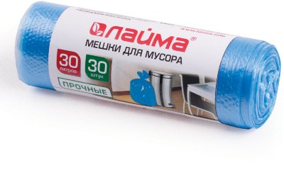 Мешки для мусора 30 л, синие, в рулоне 30 шт., ПНД, 10 мкм, 50х60 см (±5%), прочные, ЛАЙМА