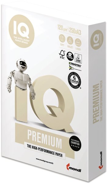 Бумага IQ PREMIUM БОЛЬШОЙ ФОРМАТ (297х420 мм), А3, 120 г/м2, 250 л., класс "А", белизна 170% (CIE)