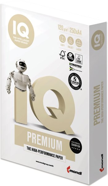 Бумага IQ PREMIUM, А4, 120 г/м2, 250 л., класс "А", белизна 170% (CIE)