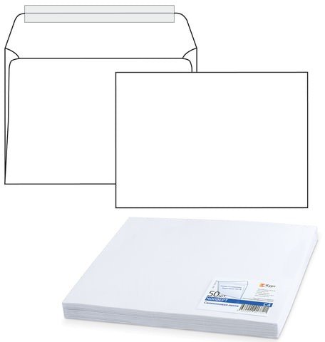 Конверты С4 (229х324 мм), отрывная полоса, белые, 100 г/м2, КОМПЛЕКТ 50 шт., внутренняя запечатка
