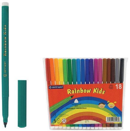 Фломастеры CENTROPEN "Rainbow Kids", 18 цветов, смываемые, эргономичные, вентилируемый колпачок