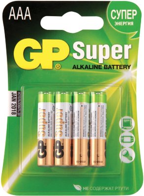 Батарейки GP Super, AAA (LR03, 24 А), алкалиновые, комплект 4 шт., в блистере