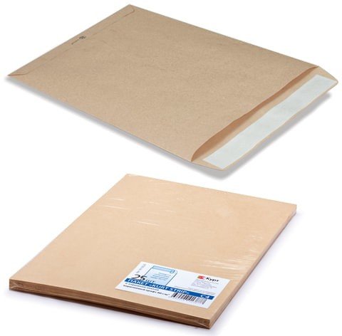 Конверт-пакеты С4 плоские (229х324 мм), до 90 листов, крафт-бумага, отрывная полоса, КОМПЛЕКТ 25 шт.