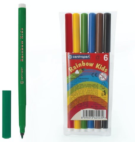 Фломастеры CENTROPEN "Rainbow Kids", 6 цветов, смываемые, эргономичные, вентилируемый колпачок