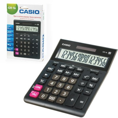 Калькулятор настольный CASIO GR-16-W (209х155 мм), 16 разрядов, двойное питание, европодвес, черный
