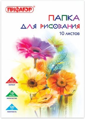 Папка для рисования БОЛЬШОГО ФОРМАТА А3, 10 л., 120 г/м2, ПИФАГОР, 297х420 мм, "Цветы", 129217