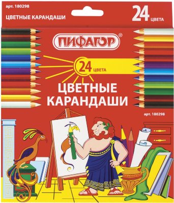 Карандаши цветные ПИФАГОР, 24 цвета, классические, заточенные, картонная упаковка