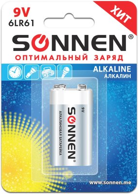 Батарейка SONNEN Alkaline, Крона (6LR61, 6LF22, 1604A), алкалиновая, 1 шт., в блистере