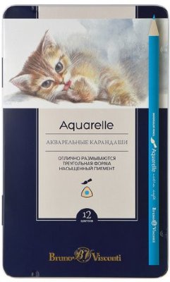 Карандаши цветные акварельные BRUNO VISCONTI "Aquarelle", 12 цветов, металлический пенал