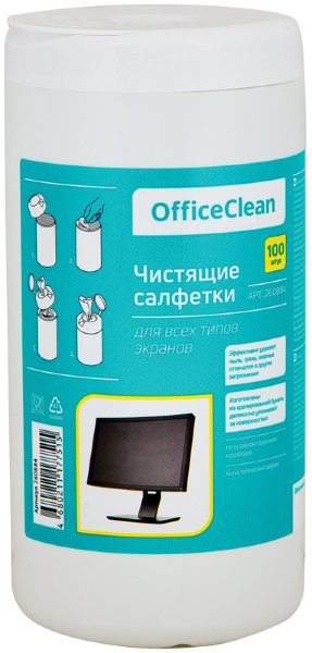 Салфетки чистящие влажные OfficeClean, для экранов, в тубе, 100шт.