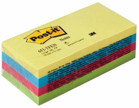 Блоки самоклеящийся (стикер) POST-IT ORIGINAL "Прилив Энергии" 38х51 мм, КОМПЛЕКТ 12 шт. по 100 л., ассорти, 653-TFEN