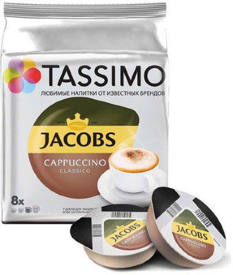 Кофе в капсулах JACOBS "Cappuccino" для кофемашин Tassimo, 8 шт. х 8 г + капсулы с молоком 8 шт. х 40 г, 8052279