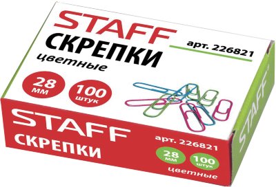 Скрепки STAFF, 28 мм, цветные, 100 шт., в картонной коробке