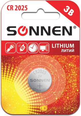 Батарейка SONNEN Lithium, CR2025, литиевая, 1 шт., в блистере