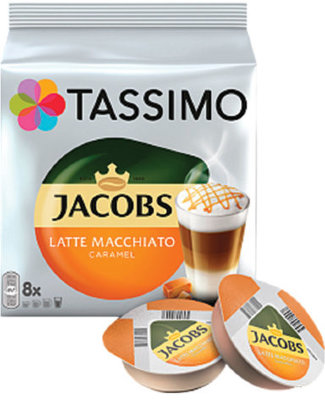 Кофе в капсулах JACOBS "Latte Macchiato Caramel" для кофемашин Tassimo, 8 шт. х 7 г + капсулы с молоком 8 шт. х 26,5 г, 8052186