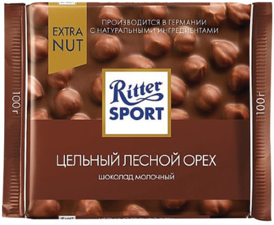 Шоколад RITTER SPORT "Extra Nut", молочный, с цельным лесным орехом, 100 г, Германия, 7006