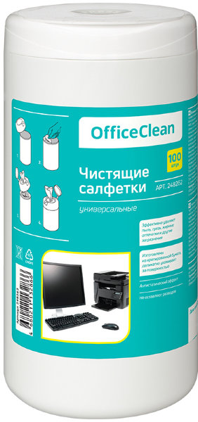 Салфетки чистящие влажные OfficeClean, универсальные, в тубе, 100шт.