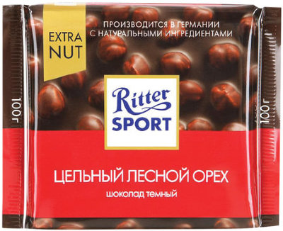 Шоколад RITTER SPORT "Extra Nut", темный, с цельным лесным орехом, 100 г, Германия, 7026