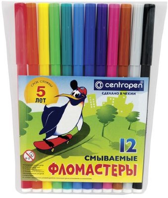 Фломастеры CENTROPEN, 12 цветов, "Пингвины", смываемые, вентилируемый колпачок, полибег