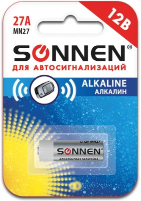 Батарейка SONNEN Alkaline, 27А (MN27), алкалиновая, для сигнализаций, 1 шт., в блистере