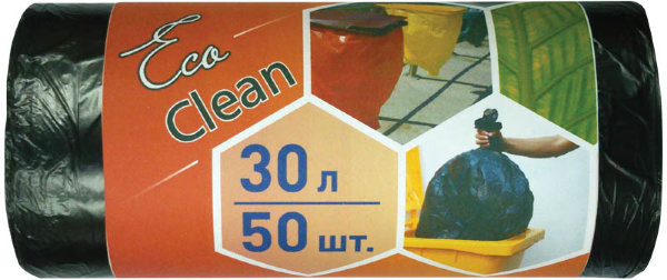 Мешки для мусора  30л КБ "Ecoclean" ПНД, 48*55см, 6мкм, 50шт., черные, в рулоне