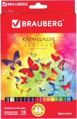 Карандаши цветные BRAUBERG "Бабочки", набор 18 цветов, трехгранные, корпус с полосками