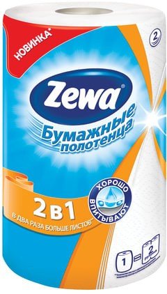 Полотенце бумажное бытовое, 2-х слойное, 30 м, ZEWA 2 в 1, белое