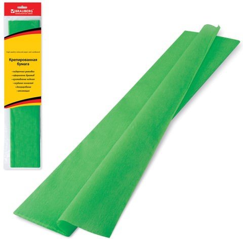Цветная бумага крепированная BRAUBERG, стандарт, растяжение до 65%, 25 г/м2, европодвес, зеленая, 50х200 см, 124731
