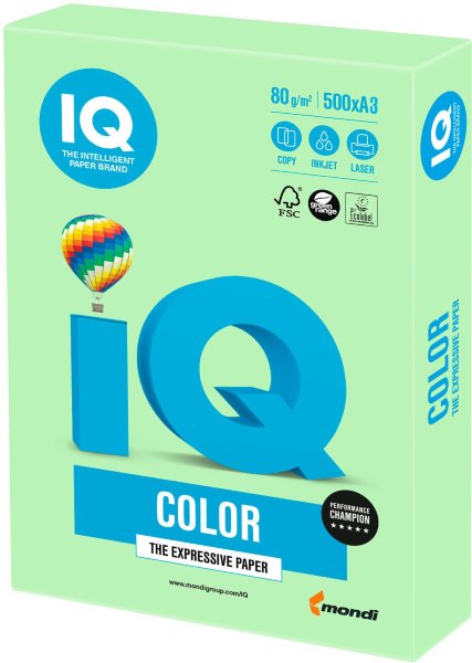 Бумага IQ color БОЛЬШОЙ ФОРМАТ (297х420 мм), А3, 80 г/м2, 500 л., пастель, зеленая, MG28