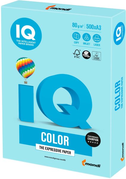 Бумага IQ color БОЛЬШОЙ ФОРМАТ (297х420 мм), А3, 80 г/м2, 500 л., пастель, голубая, MB30