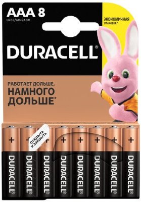 Батарейки DURACELL Basic, AAA (LR03, 24А), алкалиновые, КОМПЛЕКТ 8 шт., в блистере