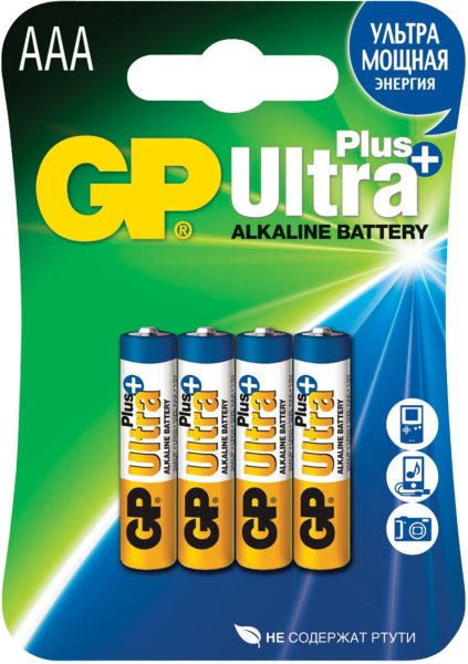 Батарейки GP Ultra Plus, AAA (LR03, 24А), алкалиновые, комплект 4 шт., в блистере