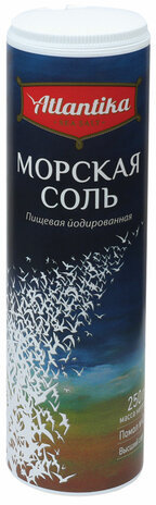 Соль пищевая 250 г "Морская" мелкая, йодированная, пластиковая туба с дозатором, АТЛАНТИКА