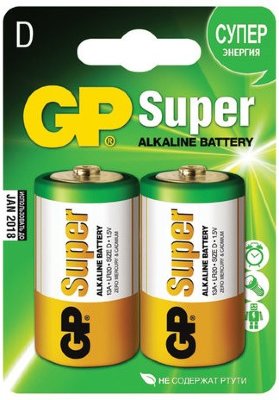 Батарейки GP Super, D (LR20, 13 А), алкалиновые, комплект 2 шт., в блистере