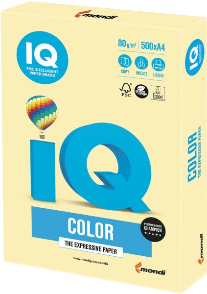 Бумага IQ color, А4, 80 г/м2, 500 л., пастель, желтая, YE23