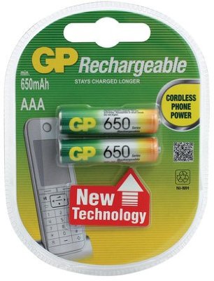 Батарейки аккумуляторные GP, AAA, Ni-Mh, 650 mAh, комплект 2 шт., в блистере