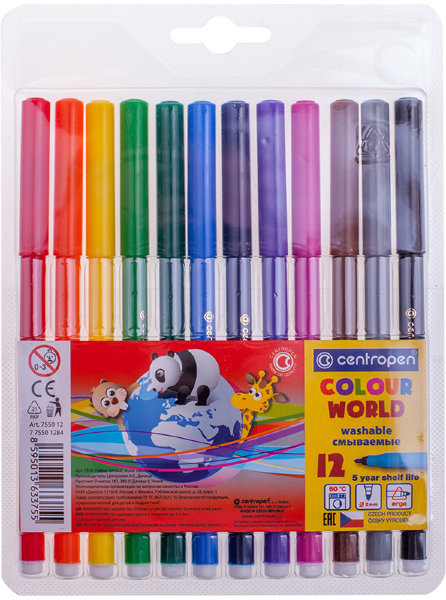 Фломастеры Centropen "Colour World", 12цв., трехгранные, смываемые, блистер