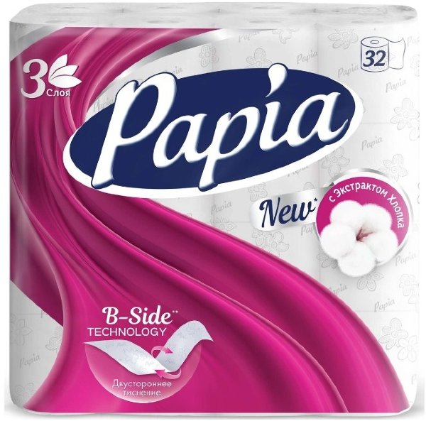 Туалетная бумага "Papia", трехслойная, цвет: белый, 32 рулона